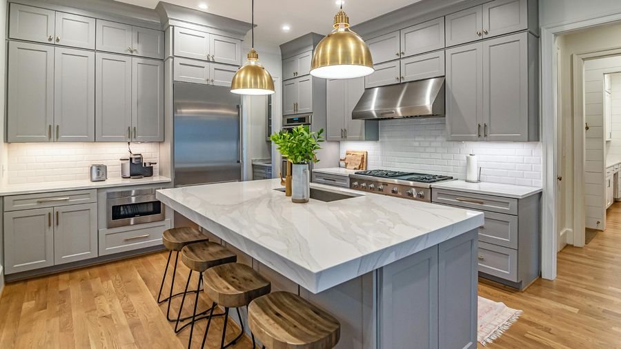 Modern kitchen remodel with island and pendant lighting